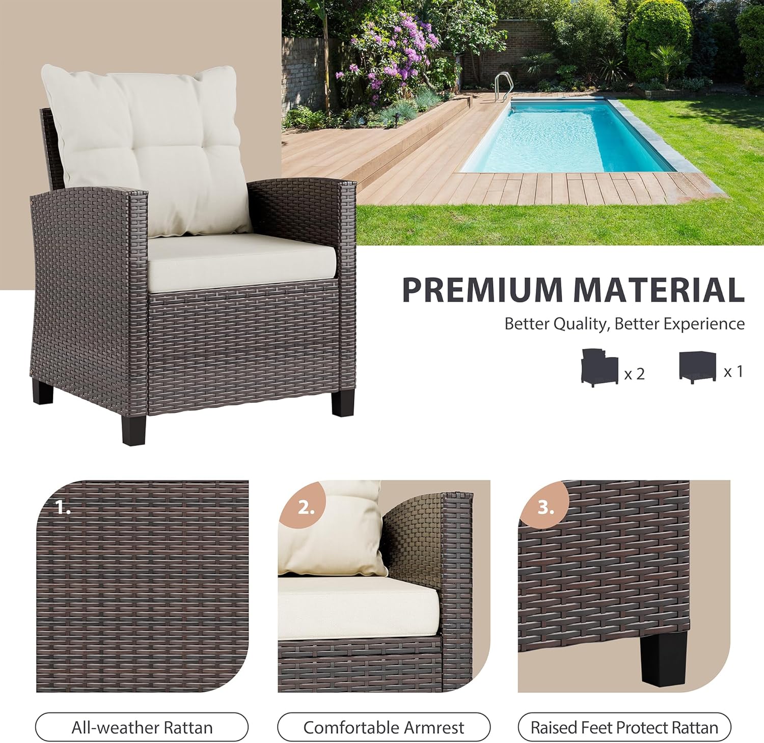 Beige compact 3-piece rattan w - Outdoor Furniture Cushions review and price