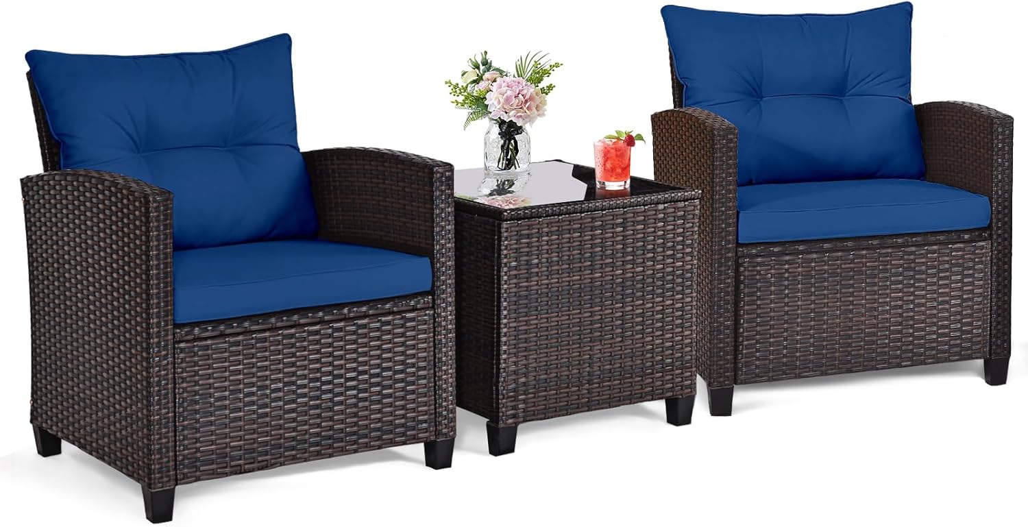 Navy blue rattan wicker 3-piec - Outdoor Furniture Cushions review and price