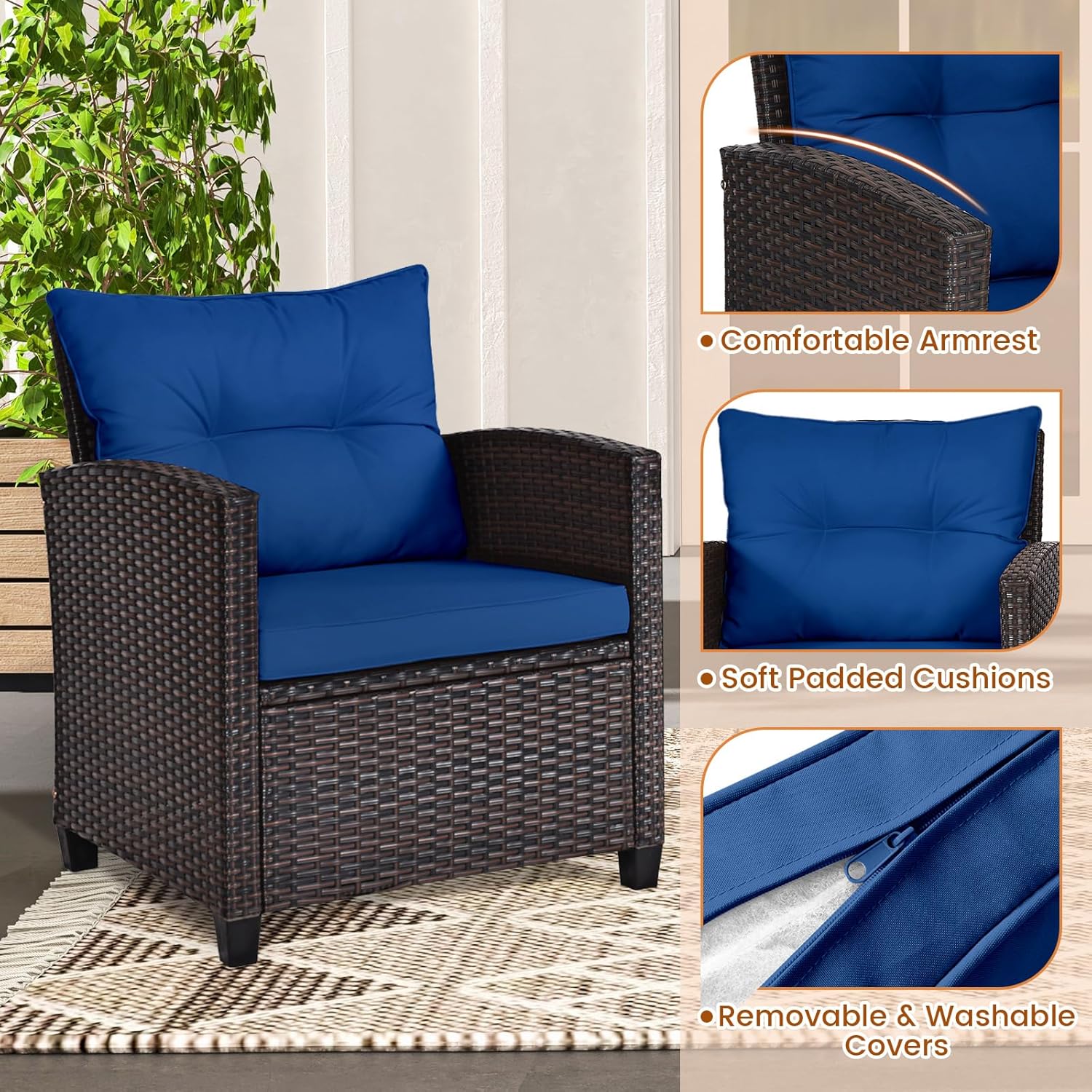 Navy blue rattan wicker 3-piec - Outdoor Furniture Cushions review and price